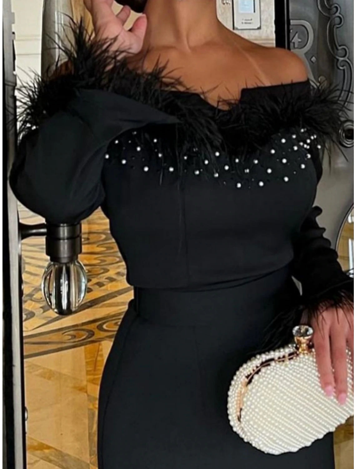 Mermaid / Trumpet Evening Gown Elegant Dress Formal Black Dress Floor Length Long Sleeve Off Shoulder  Fabric with Feather Sequin Slit 2025